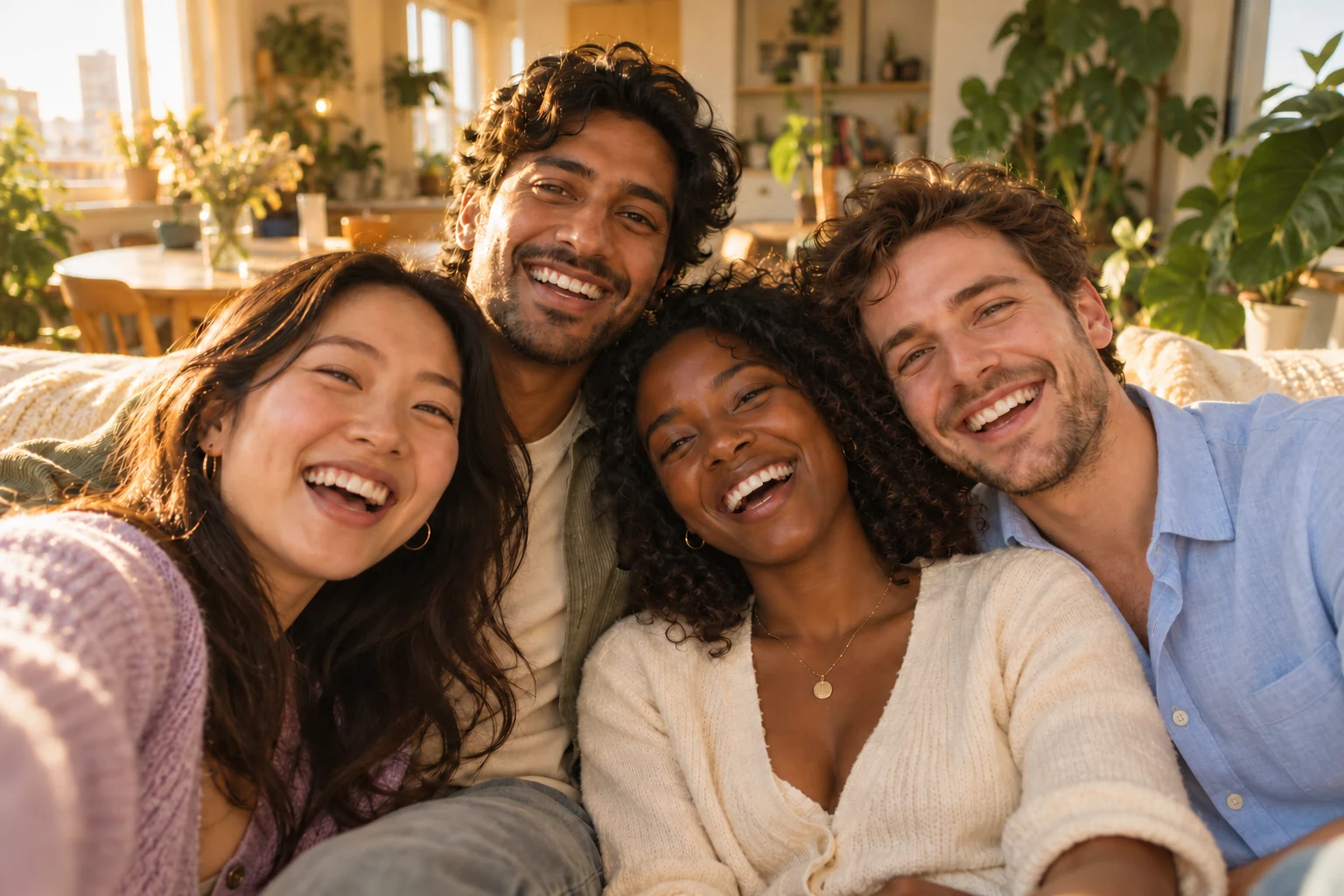 Illustration of the same four distant friends brought together in a shared photo